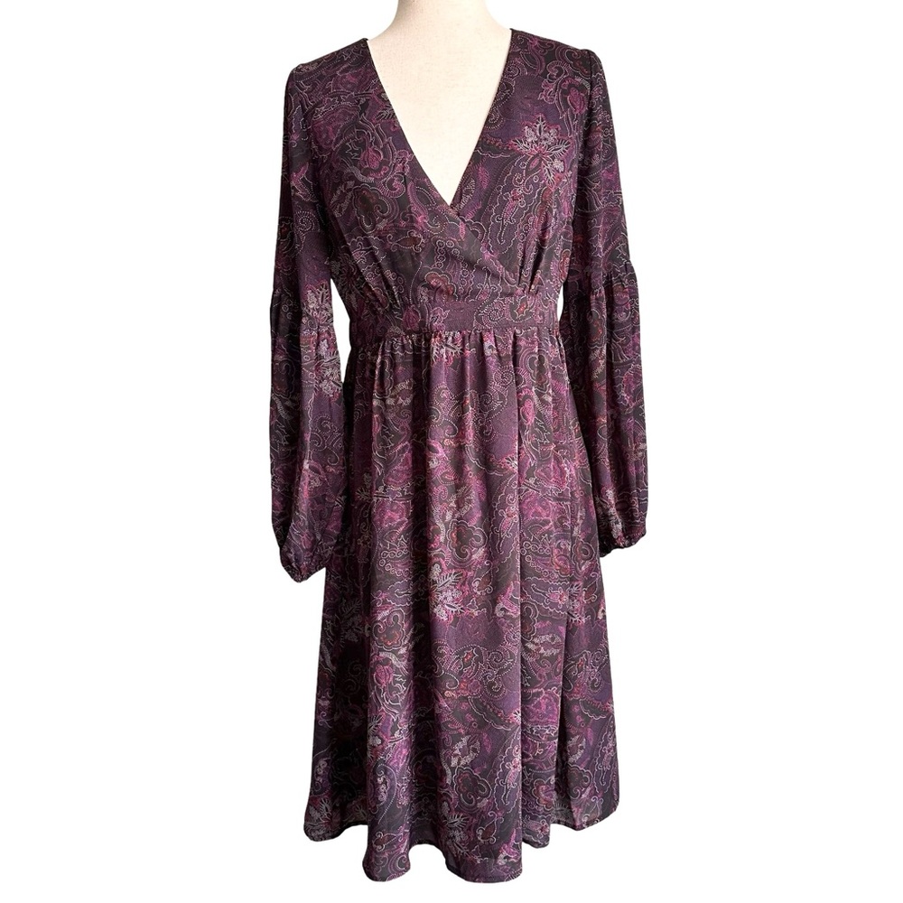 Modcloth Women Long Sleeve Spring Purple Floral Paisley V-Neck Dress Size 4 EUC